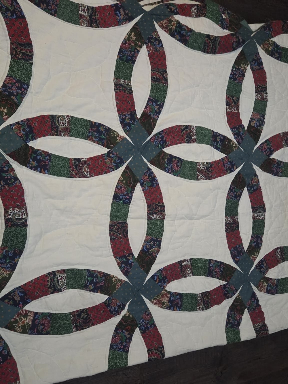 Handmade Double Wedding Ring Quilt - White with Red, Green & Blue Accents